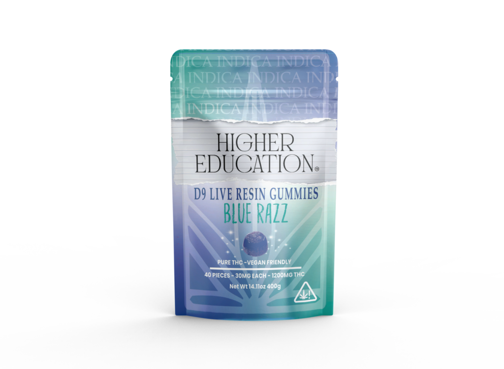 Higher Education Live Resin Gummies in Green Apple, Blue Razz, Grape, Strawnana, and Citrus Punch flavors.