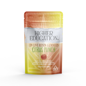 Higher Education 1200mg D9 Live Resin Gummies in Citrus Punch flavor, offering the best THC edibles experience.