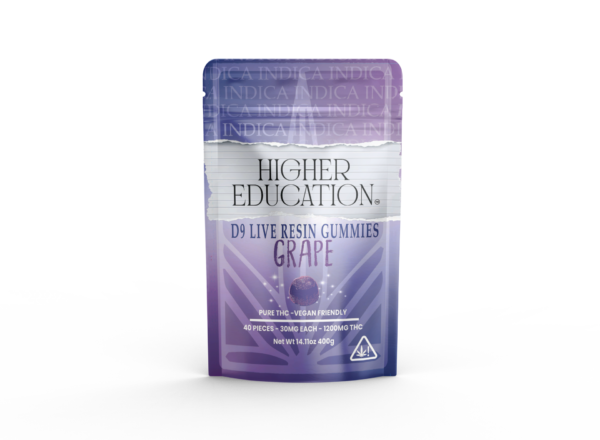Higher Education 1200mg D9 Live Resin Gummies in Grape flavor offer premium Delta 9 edibles for a relaxing experience.
