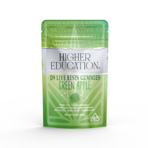 Higher Education 1200mg D9 Live Resin Gummies in Green Apple flavor, offering the best Delta 9 edibles experience.