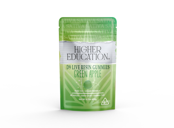 Higher Education 1200mg D9 Live Resin Gummies in Green Apple flavor, offering the best Delta 9 edibles experience.