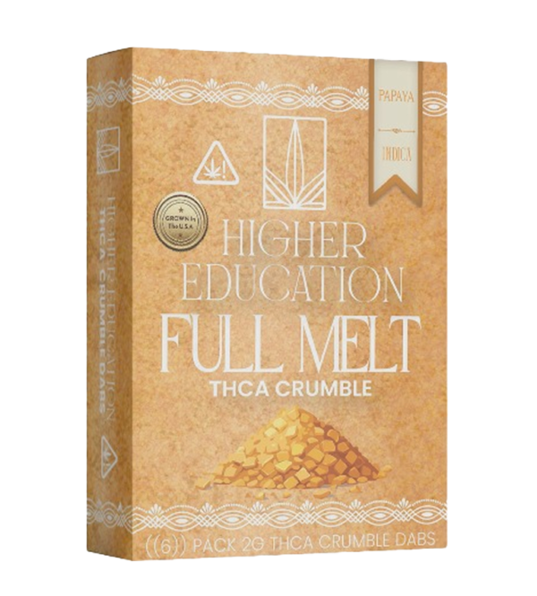 Higher Education 95% THCA Crumble in Papaya flavor, perfect for dabbing enthusiasts seeking premium cannabis concentrates.