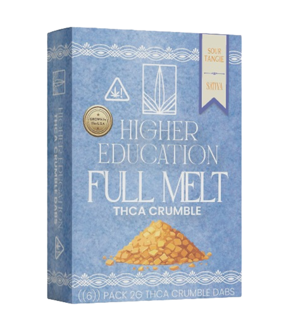 Higher Education 95% THCA Crumble in Sour Tangie flavor, perfect for dabbing and cannabis concentrate enthusiasts.