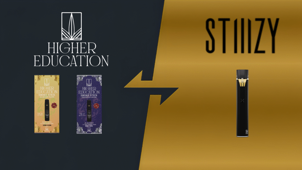 Stiiizy and Higher Education STIIIZY vape pod and battery compared to Higher Education disposable vape